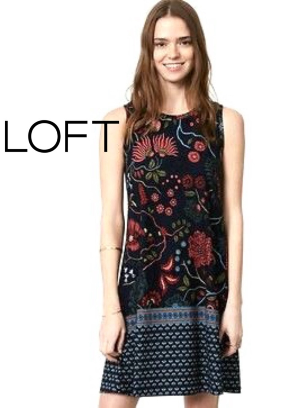 🍓🩵 LOFT Navy Floral Strawberry Print Sleeveless Dress | Boho Shift | Size Small